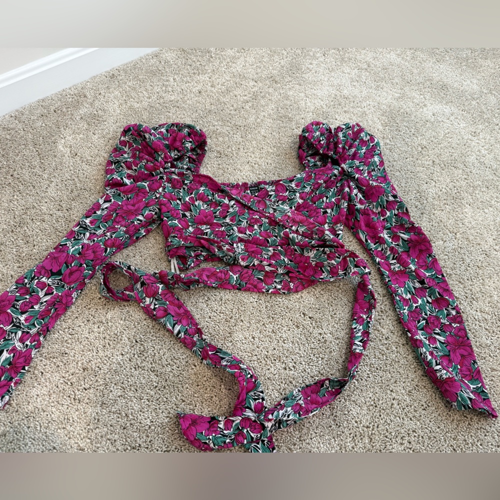 SHEIN Pink and Green Floral Puff Sleeve Croptop with wrap